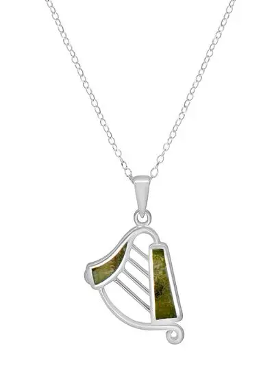 White background cut out shot of Sterling Silver Connemara Marble Harp Pendant